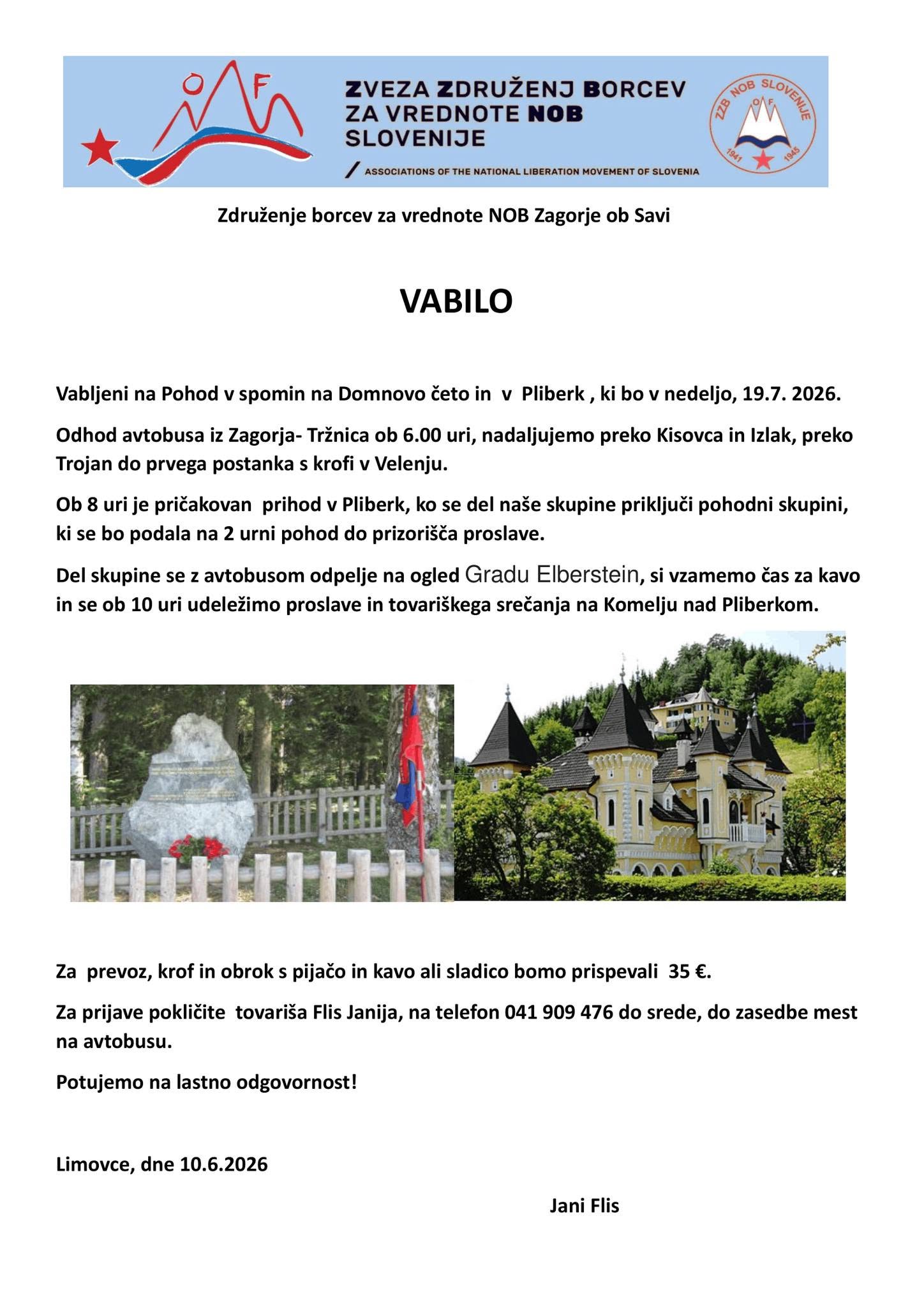 Pohod v spomin na Domnovo četo in v Pliberk, 19. 7. 2026, Društvo upokojencev Zagorje ob Savi